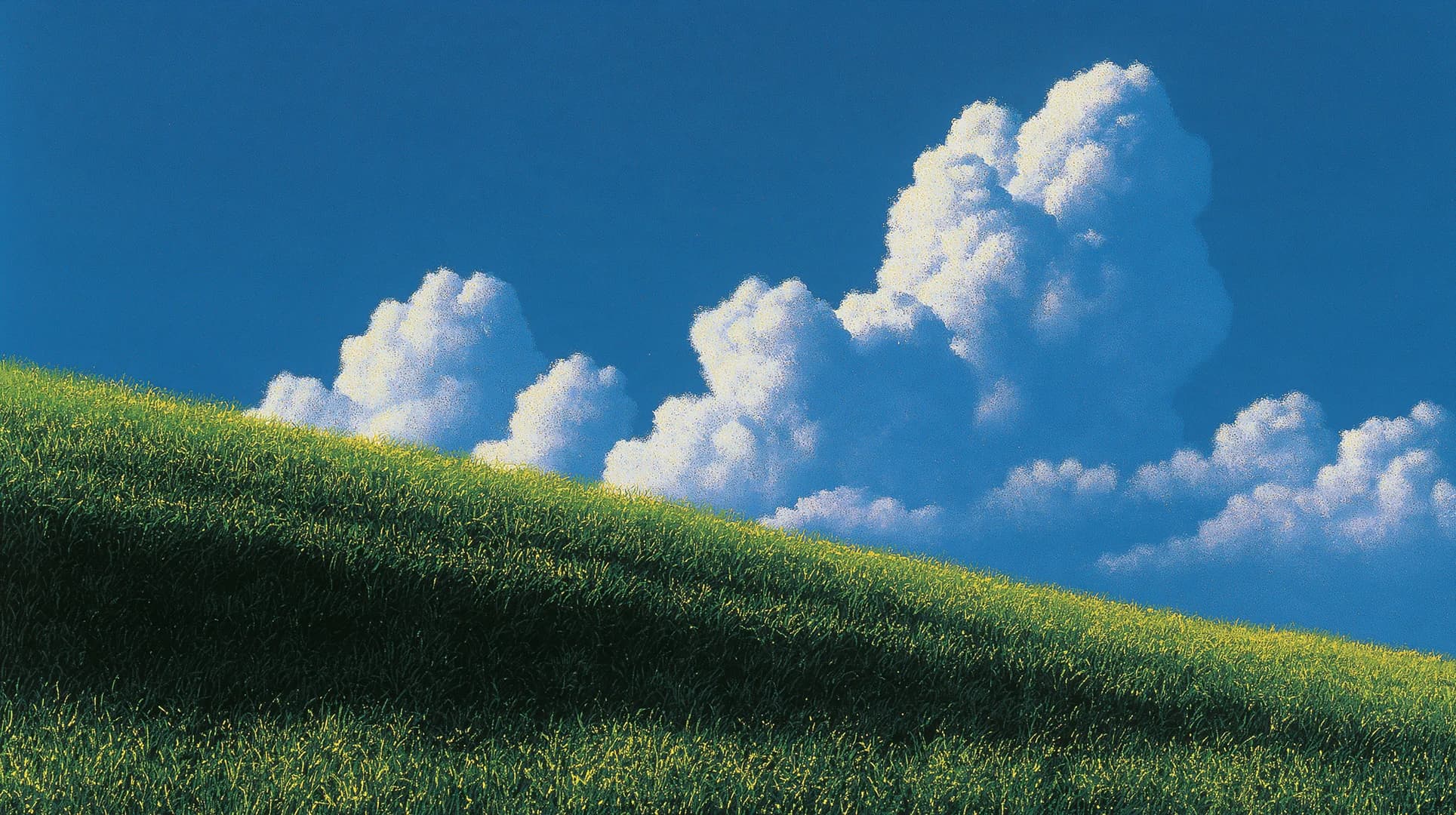 A grass bank running up to a sky of tall cumulus, late in the day